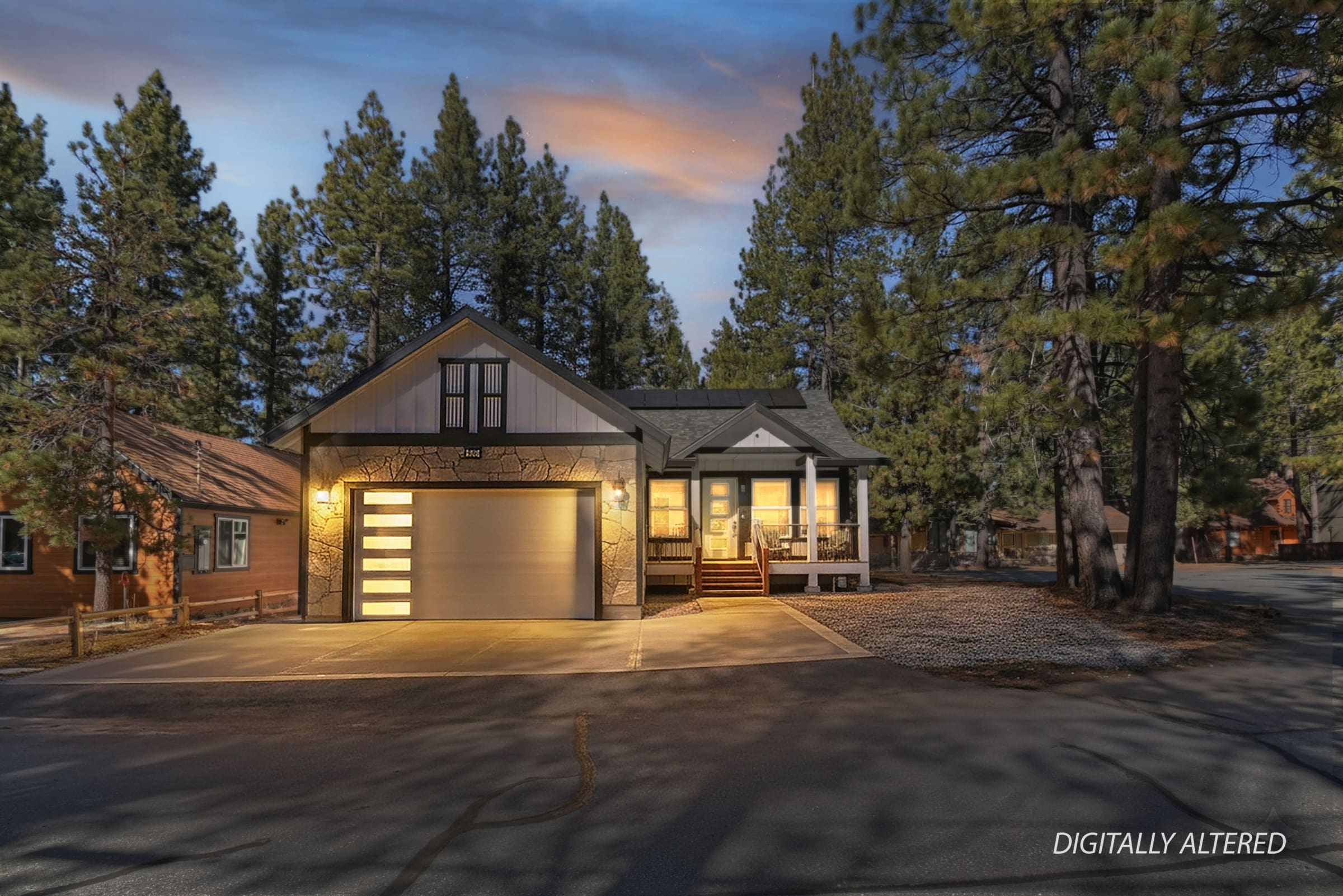 Twilight curb appeal nestled among towering pines