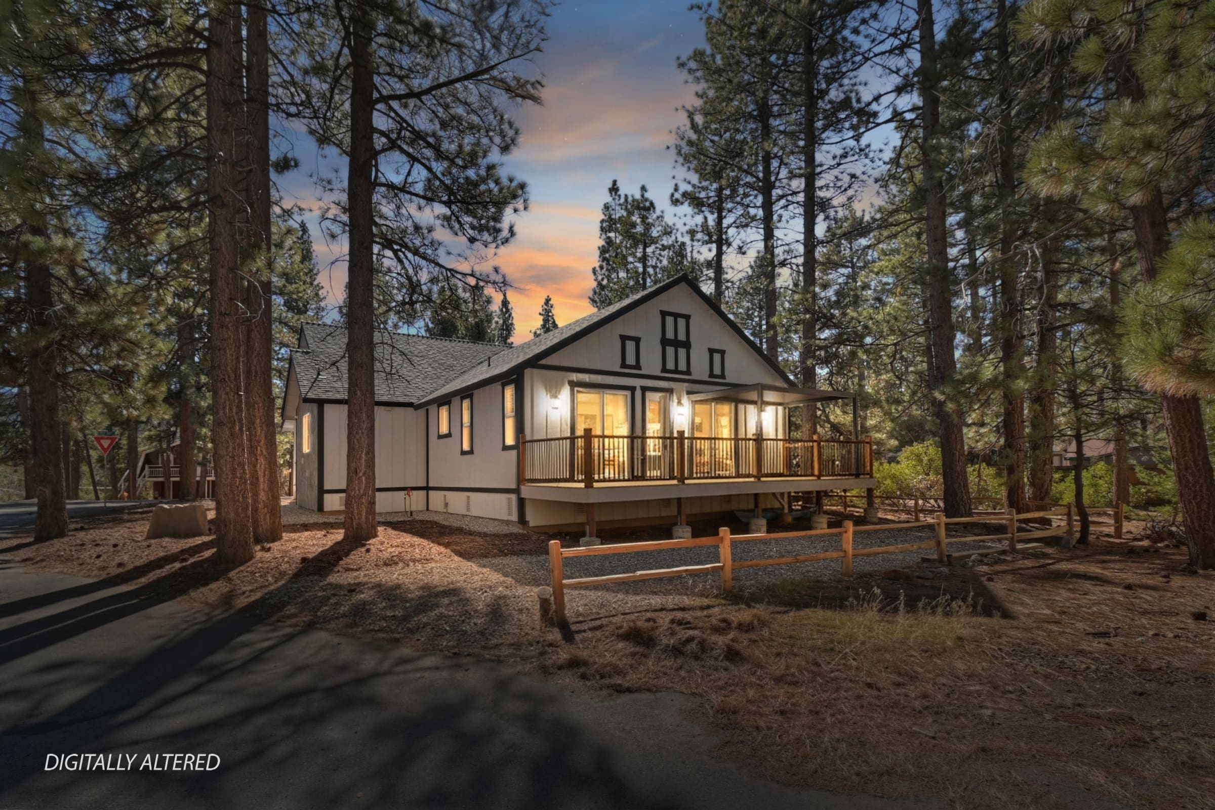 Twilight cabin glow tucked among towering pines
