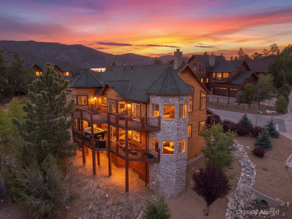 Multi-level mountain lodge with turret and layered sunset views