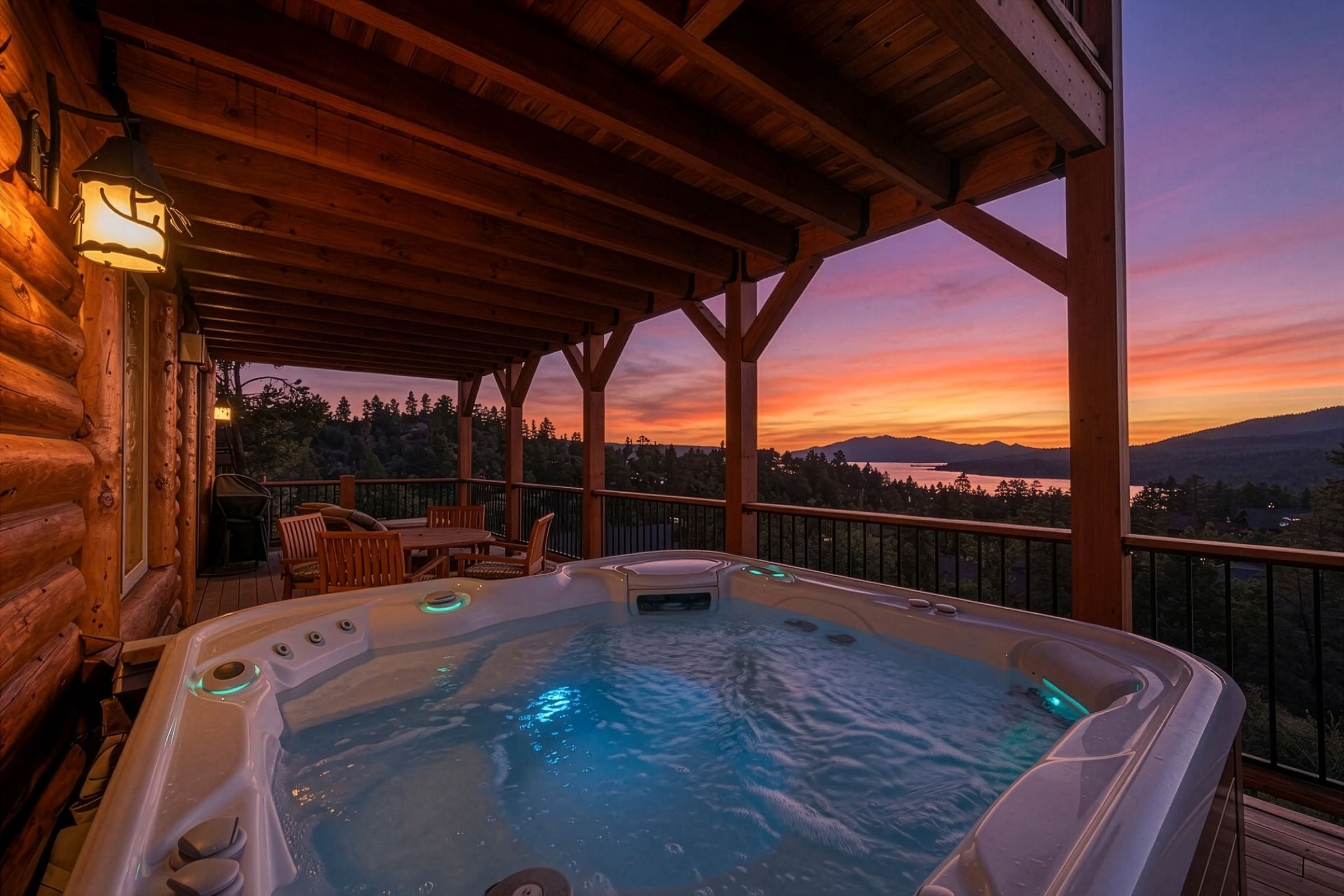 Private hot tub deck overlooking lake sunset views