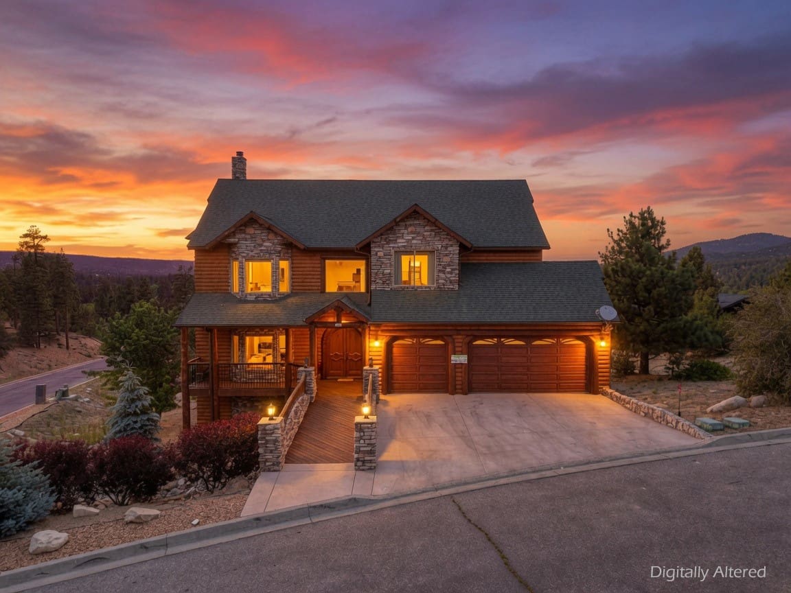 Log-and-stone mountain home glowing under a vivid sunset sky