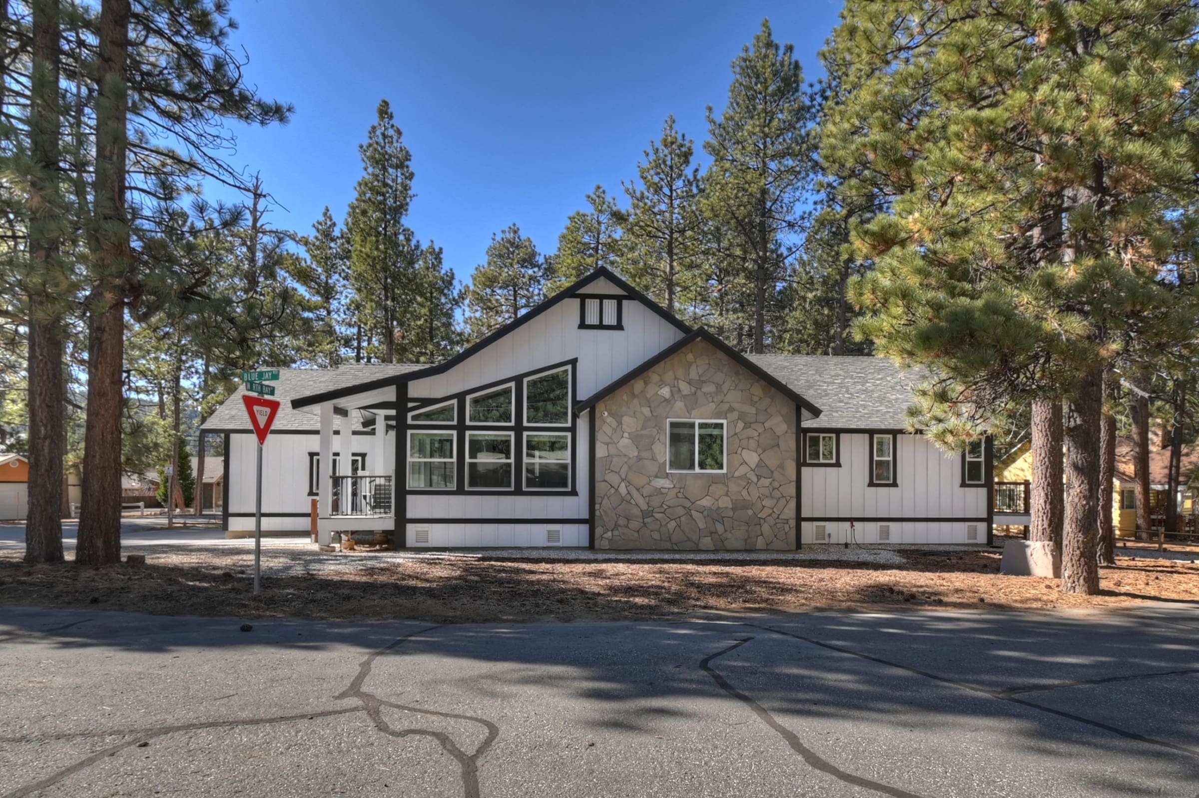 Modern mountain cabin with stone accents nestled among tall pines