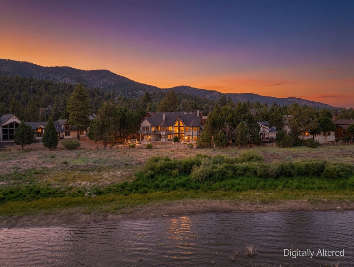 Mountain estate glowing at dusk along the water's edge